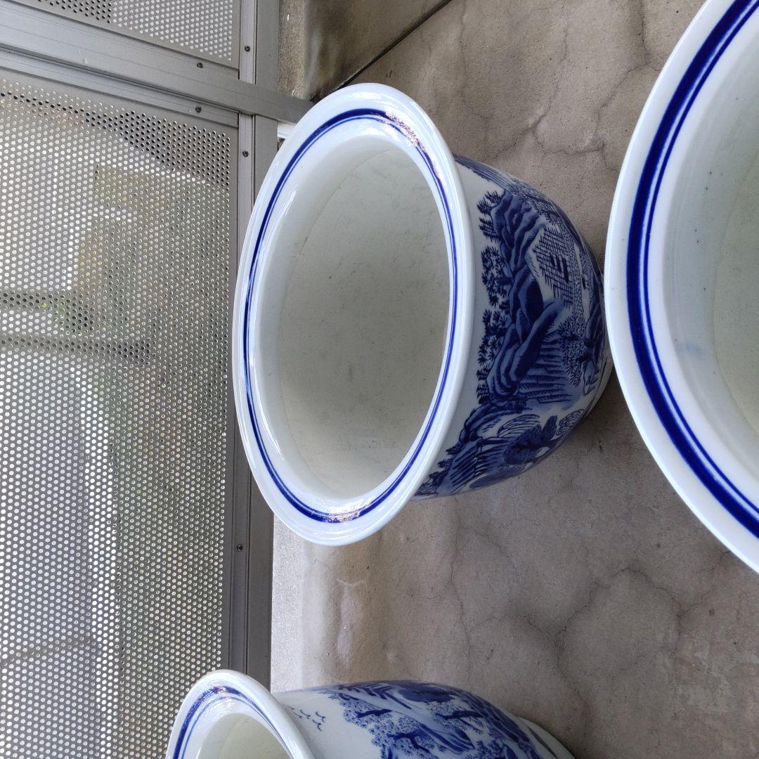 陶器鉢特大植木鉢、青と白の山水画 陶器植木鉢 6個セット